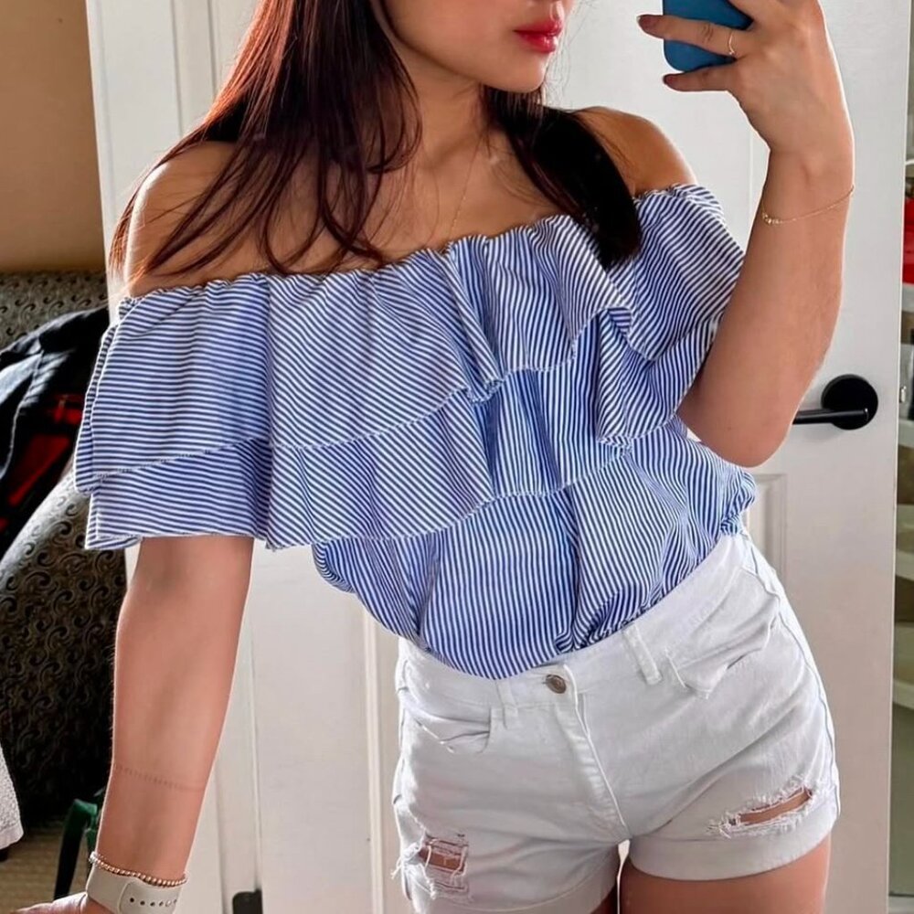 Striped Ruffle Front-tie Off-shoulder Top